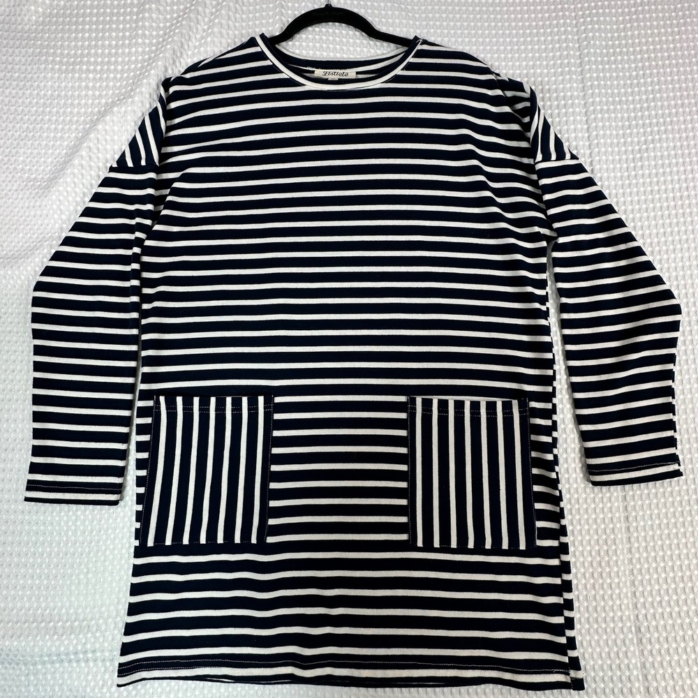 Listicle Navy White Stripe Long Sleeve Tunic Top M Front Pockets Casual